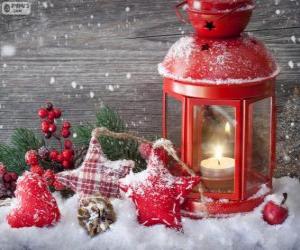 Puzzle Χριστούγεννα φανός με καύση κερί και πουρνάρι διακοσμήσεις